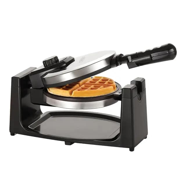bella Gofrera para gofres belgas giratoria clásica con placas antiadherentes, bandeja de goteo extraíble, control de dorado ajustable y asas de tacto frío., Acero inoxidable