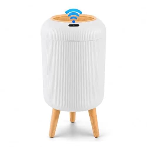 Papelera Automática 10L con Sensor para Baño, Blanca - Cubo Basura Inteligente con Diseño Redondo Elegante, Patas de Madera y Apertura Sin Contacto para Salón, Dormitorio u Oficina (10L)