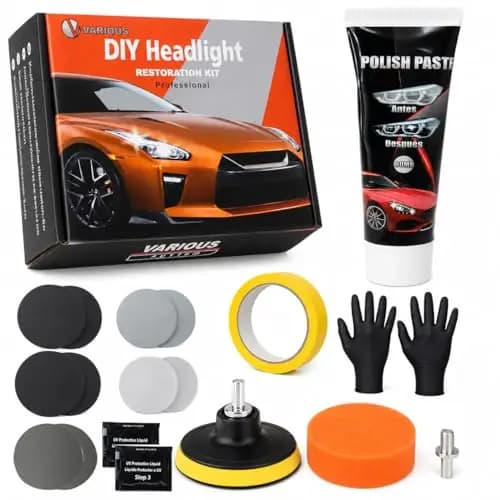 various Kit Pulir Faros Coche, Kit Completo de Pulido y Restauración de Faros con Pasta 80 ml, Lijas P800/P1200/P2000/P3000, Protector UV, Adaptador para Taladro, Faros Opacos y Amarillentos