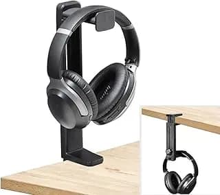 Neetto HS906 Soporte de Auriculares & Colgador 2 en 1, Arriba y Debajo de Escritorio Portaauriculares Gancho de Montaje Abrazadera Giratoria y Ajustable en Altura, Estante para Auriculares Clip Cable