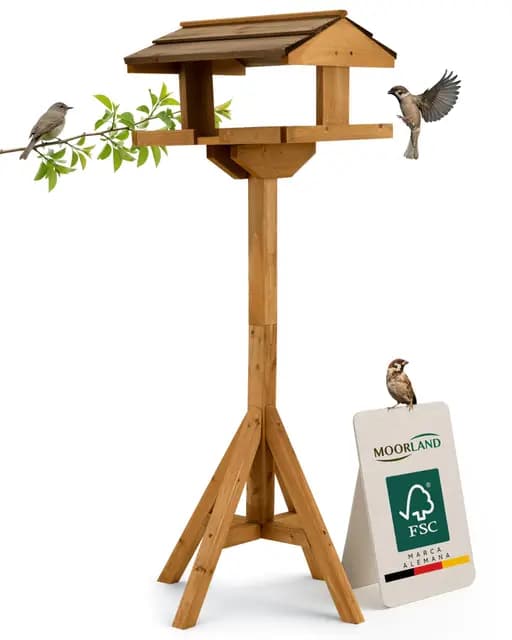 Moorland Casa para Pájaros Abierta con Soporte 114 cm – Comedero Marrón de Madera de Abeto FSC – Techo de Madera Oscura – Kit de Montaje – Grande para Jardín y Balcón – Resistente al Clima – VH4