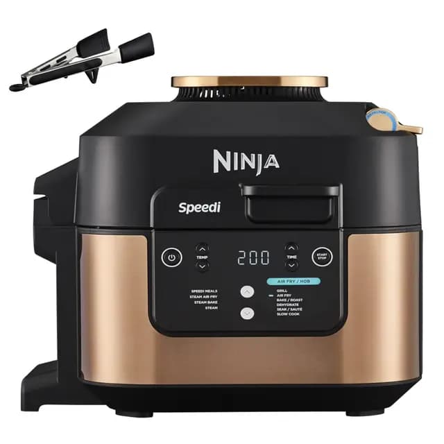 Ninja Speedi Olla Exprés Multifunción Rápida, Olla Eléctrica con Freidora Aire 5,7L, 10 en 1, Freidora sin Aceite, Horno, Cocción Lenta, al Vapor y más, 4 Porciones en 15min, Negro y Cobre, ON400EUCP