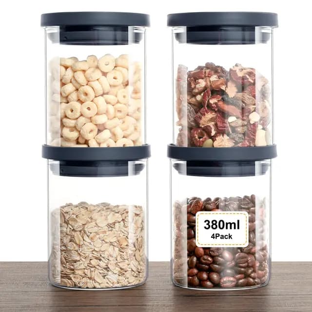 VINATO 4 Tarros de Cristal con Tapa - Botes Cocina Almacenaje Herméticos, Set de Tarros Cristal para Frutos Secos y Especias, 380ml, Sin BPA