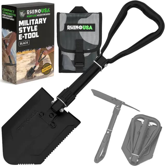 Rhino USA Pala Plegable con Pico - Pala eTool Plegable de Acero Robusta para Playa, Camping, Jardinería y más - Herramienta de Excavación Militar Táctica para Tierra, Arena, Barro y Nieve