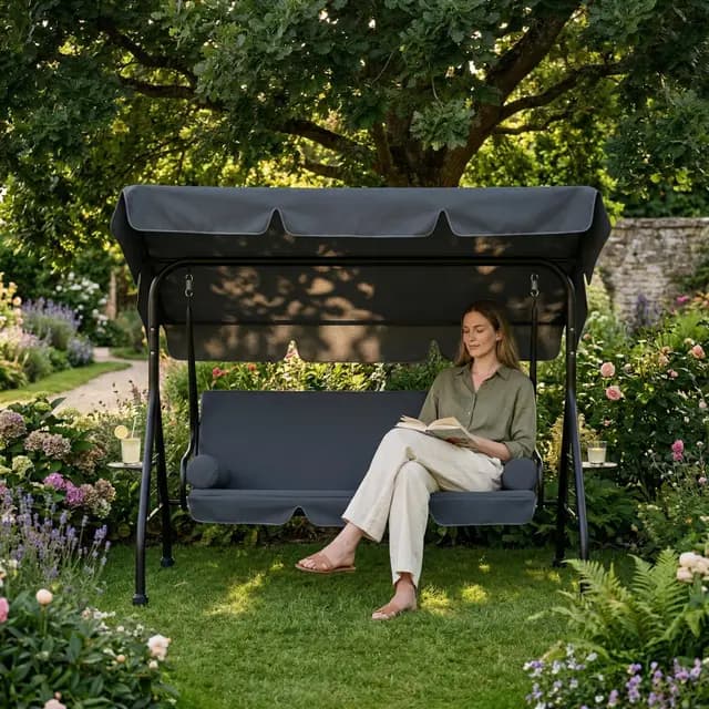 UISEBRT Columpio de jardín de 3 plazas con función reclinable, 2 cojines, 2 bandejas, banco para exteriores, soporta hasta 350 kg, para jardín, piscina, terraza, color gris