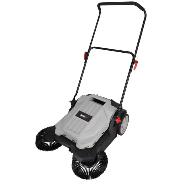 DEDRA Barredora de mano, 3 cepillos, 650 mm de ancho, depósito de 18 l, capacidad: 2600 m2/hora, manillar ajustable, ruedas resistentes, mango ergonómico