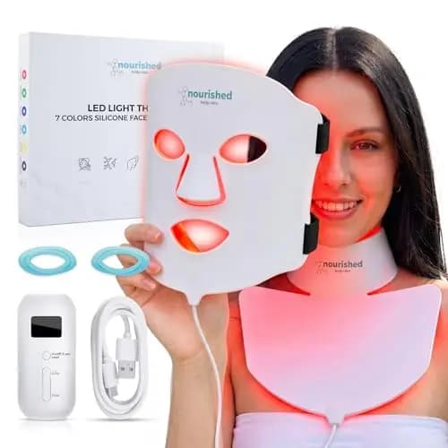 Nourished Bodynskin Máscara LED Facial, Terapia de Luz para Rostro y Cuello - Dispositivo para el Cuidado de la Piel y Arrugas - 7 Colores Rojo y Azul - Rejuvenecimiento, Producto Anti-envejecimiento