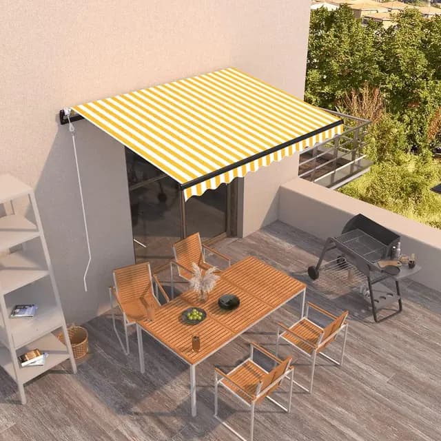 Brokky Toldo Motorizado 3.5 x 2.5 m con Mando a Distancia Toldo de Exterior Terraza Enrollable con Manivela Marco de Aluminio para Terraza, Jardín-Amarillo y blanco-350 x 250 cm