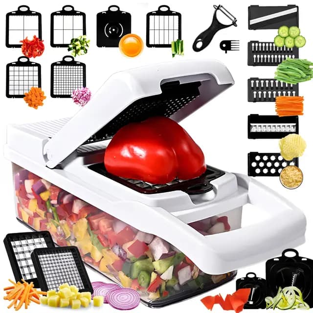 Picador de verduras 25 en 1 con 13 cuchillas – Mandolina cortadora – Picador de alimentos con contenedor – Rallador de queso – Picador de verduras, ensalada y cebolla – Accesorio de cocina – Artículos