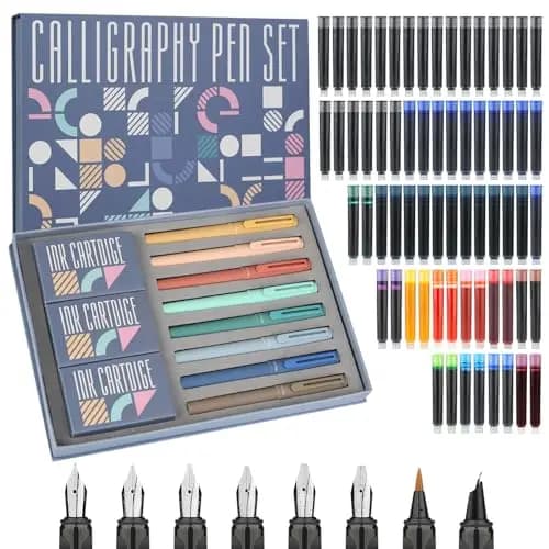 8 plumas estilográficas de caligrafía con diferentes plumines, 66 cartuchos de tinta (14 colores) - Escritura, dibujo, ejercicios de caligrafía para principiantes