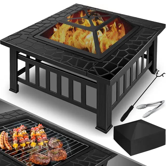 KESSER® Pozo de Fuego con Rejilla de Parrilla de Ø 62, Pozo de Fuego Multifuncional para calefacción/Parrilla de Barbacoa, Gancho y carbón, Cuenco de Fuego para terraza de jardín, Negro (Cuadrado)
