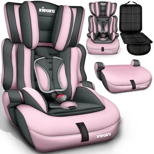 KIDUKU® Silla de coche, crece con el niño, 9 kg-36 kg (1-12 años), Grupo 1/2/3 (Gris/Rosa)