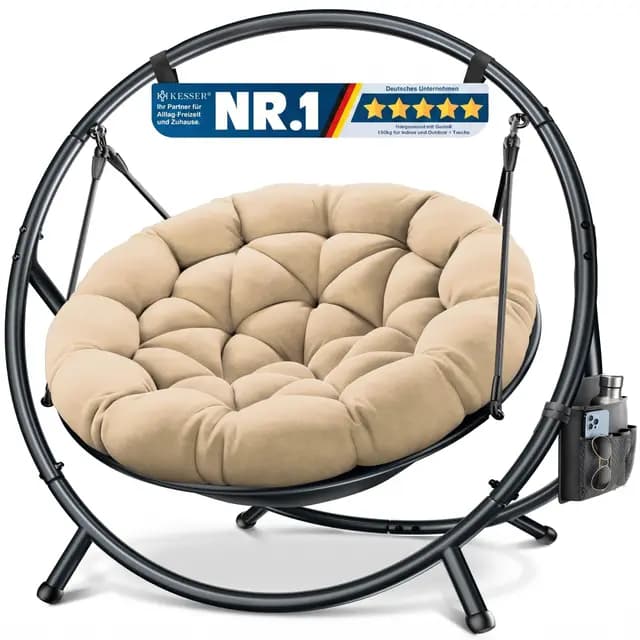 KESSER Silla colgante con estructura Bali, columpio colgante de hasta 150 kg, para interior y exterior, cojín y bolsillo lateral, cesta colgante, estructura de acero y cojín de espuma, ideal para