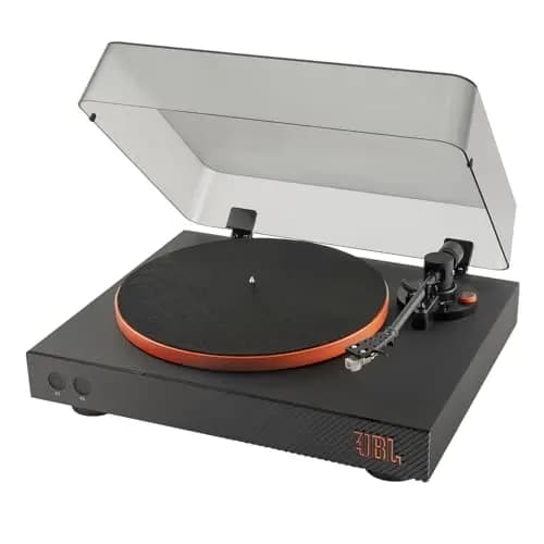 JBL Spinner BT, Tocadiscos Bluetooth con AptX-HD, cabezal extraíble, plato de aluminio y transmisión por correa, cartucho magnético móvil preinstalado, en negro y naranja