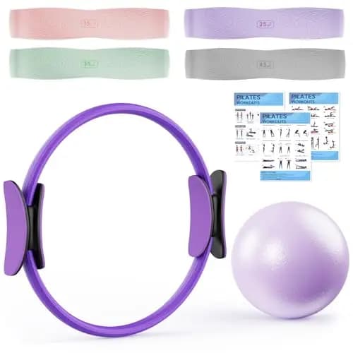 Set de Aro Pilates con Aro Pilates, 4 Bandas de Resistencia (15, 25, 35, 45 LB), Balón Mini Antiestallido, Pilates Essential Kit para Gimnasio en Casa, Fuerza, Flexibilidad, Estabilidad