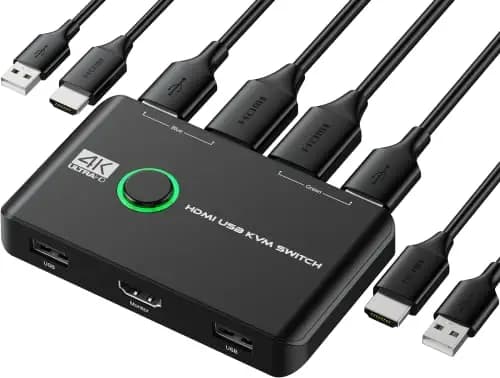 Rybozen KVM HDMI Switch, 4K @60Hz KVM Switch USB 2 PC 1 Monitor para 2 Computadoras Comparten Teclado, Mouse y un Monitor HD, Admiten 4K a 60 Hz, con 2 Cables USB y 2 Cables HDMI