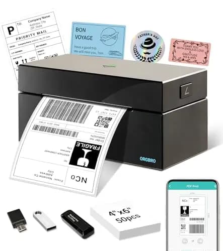 ORGBRO Impresora Termica Z1 Plus Bluetooth Impresora de Etiquetas de Envío 4x6 Impresora Etiquetas Autoadhesivas Etiquetadora Ideal para Pequeñas Empresas, Compatible con Amazon, Ebay, Shopify, Negro