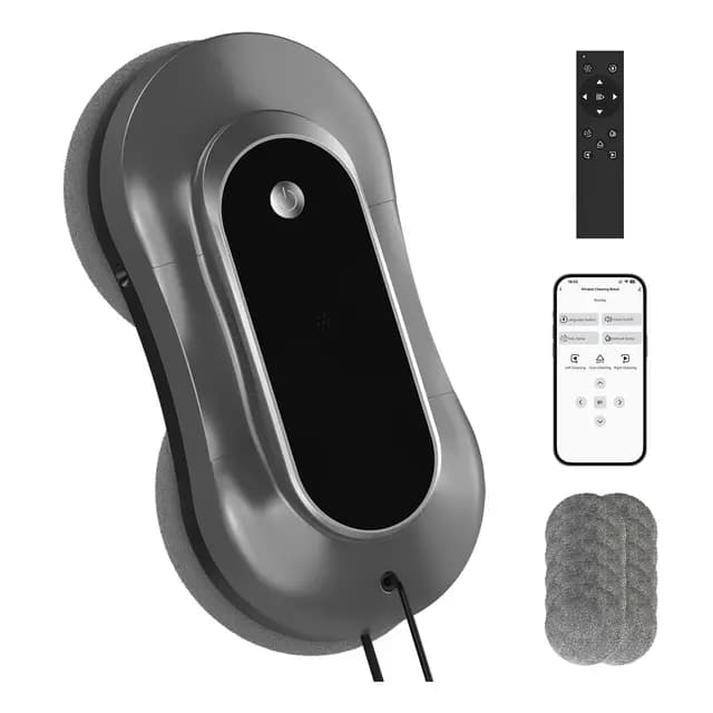 Robot Limpiacristales Inteligente, Limpiador Eléctrico de Ventanas con Doble Rociado de Agua, Control Remoto y por Aplicación, para Ventanas Interiores y Exteriores, Incluye 12 Paños, Gris