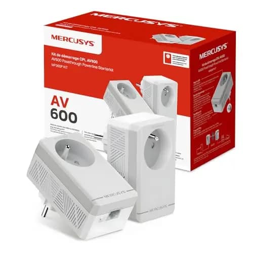 Mercusys MP300P Kit – Adaptadores Powerline AV600, Kit PLC 600 Mbps con Toma de Corriente integrada y Enchufe pasante, Cable Ethernet Incluido