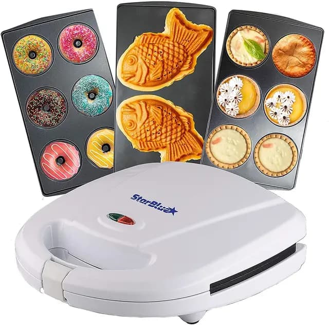 StarBlue - Máquina para hacer minidonas, minitartas y quiches, perfecta para cocinar taiyakis y postres, con 3 placas desmontables, blanco, CA 220-240 V, 50/60 Hz y 700-800 W