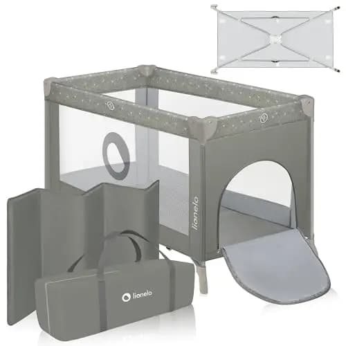 lionelo Stefi Cuna de Viaje para Bebé Apertura Lateral, Colchoneta 120x60 cm, Sistema LockGuard, Lados de Malla Transpirable, Bolsa de Transporte Incluida