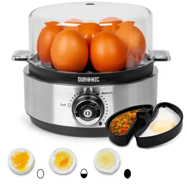 Duronic EB40 BK Hervidor de huevos | Potencia 400W | 7 huevos | Cocción con termostato | Huevos duros, huevos mollet, huevos pasados por agua | Apagado automático | Accesorio para escalfar