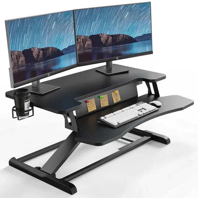 PUTORSEN 32" Convertidor de Escritorio de pie, Estación de Trabajo de 2 Niveles Ajustable en Altura con Bandeja de Teclado, Elevador Ergonómico con Portavasos y Tablero de Notas hasta 15kg, Negro