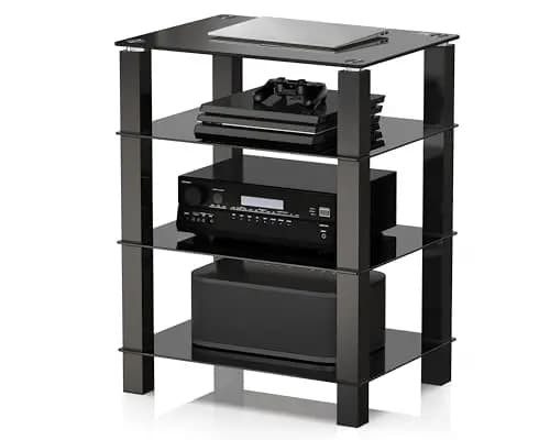 FITUEYES Mueble HiFi Negro con 4 Estantes de Cristal Templado para Equipo de Audio 60 * 45.5 * 77cm