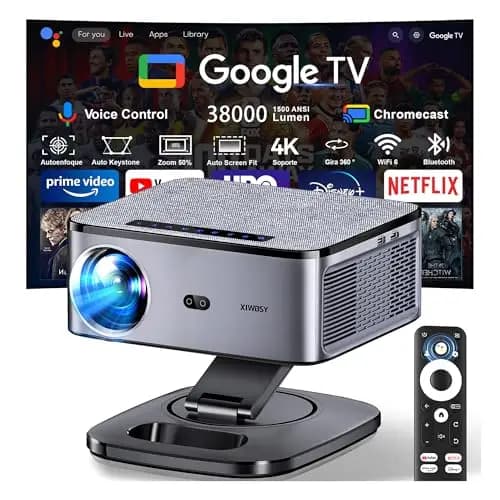 Proyector 4K 【FIFA World Cup/1500 ANSI/Google TV】 XIWBSY Proyector Bluetooth Portatil 38000 Lúmenes, Gira 360 °, Official Apps, Control por Voz, 1080P FHD, Proyectores Video Cine En Casa/Exterior