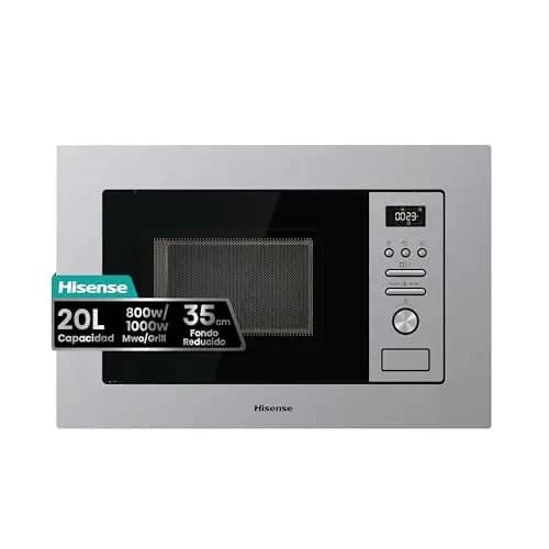Hisense BIM320G41X - Microondas Integrable, 1000W, 20L, Alto 38.8cm x Ancho 59.5cm, Color Inox, 5 Niveles de Potencia, 15 Programas Preestablecidos, Grill Combo, Descongelar por Tiempo o Peso