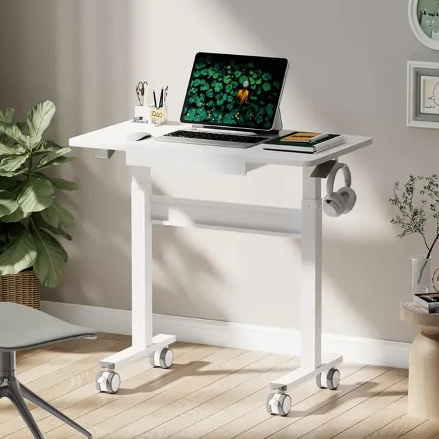 Escritorio Regulable en Altura Neumático con Ruedas, Mesa de Trabajo Ergonómica para Oficina en Casa, Soporte para Computadora Portátil, Móvil y Estable, Blanco