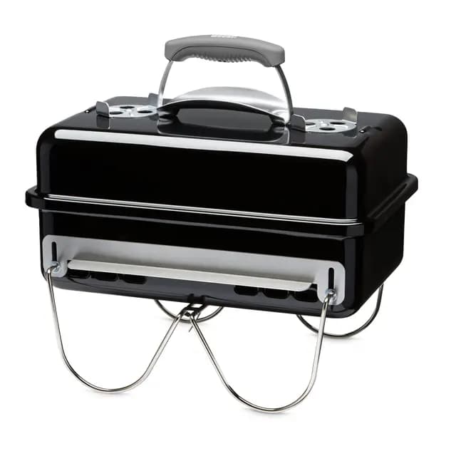 Weber Go-Anywhere Barbacoa de carbón, superficie de la parrilla 42 x 26 cm, barbacoa portátil ligera, barbacoa de mesa con tapa y cuba esmaltados en porcelana, patas plegables - Negro (1131004)