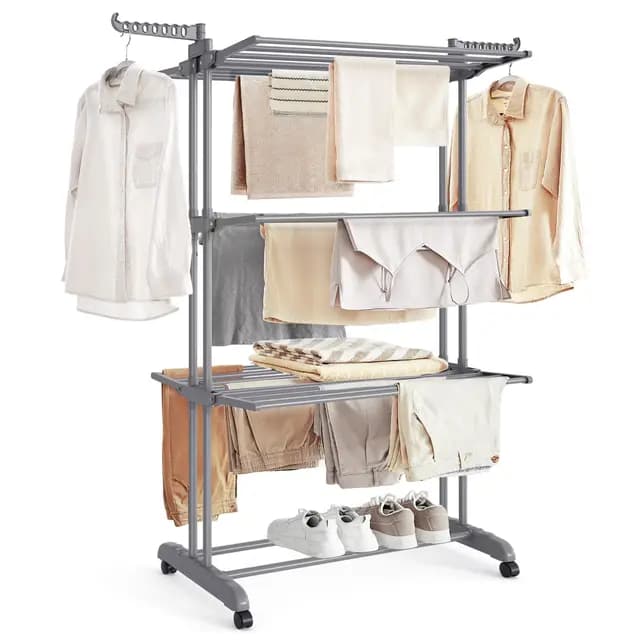 SONGMICS Tendedero Plegable de 4 Niveles, con Ruedas, Alas Plegables, 63,5 x 128 x 173 cm, Gran Capacidad, Montaje Fácil, Uso Interior y Exterior, Gris LLR701G01