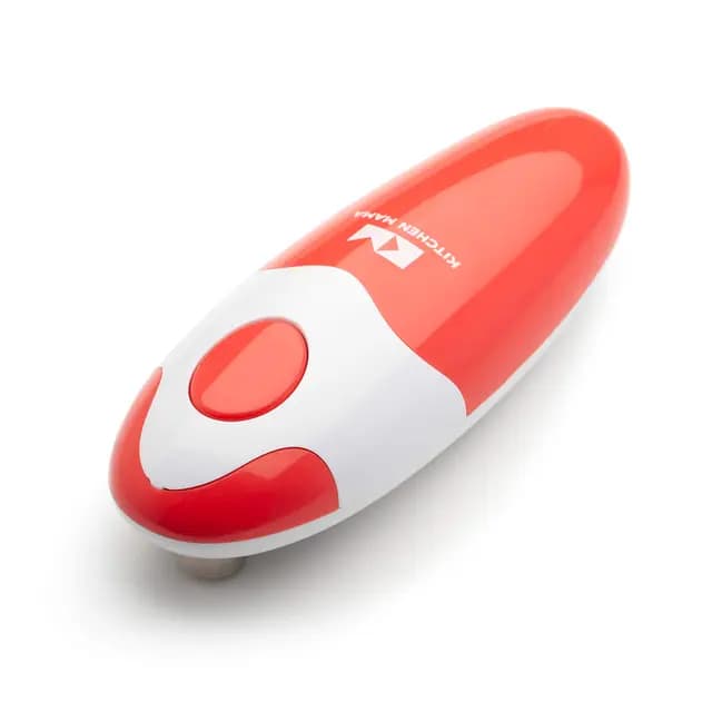 Abrelatas eléctrico Auto de Kitchen Mama: Abra sus latas con solo presionar un botón: automático, manos libres, borde liso, apto para alimentos, funciona con pilas (Rojo)