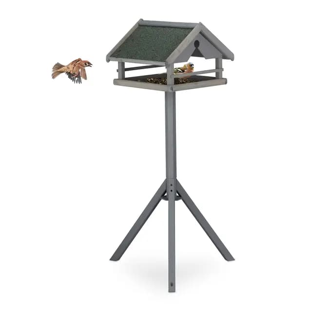 Relaxdays Comedero Pájaros con Soporte, Techo Resistente a Intemperie, Casa Alimentación, Madera, 120x62x55 cm, Gris
