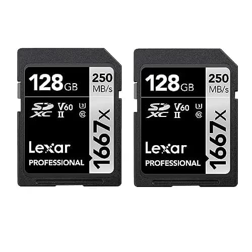 Lexar Professional 1667x Tarjeta SD 128GB, Paquete de 2, SDXC UHS-II Tarjeta de Memoria, hasta 250 MB/s de Lectura, para fotógrafo Profesional, camarógrafo, Entusiasta (LSD1667128G-B2NAA), Plata