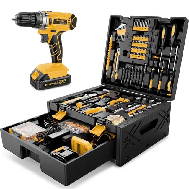 Caja de Herramientas 267 Piezas con Taladro Inalámbrico 21V, Taladro Atornillador y Batería 2.0 Ah, Juego Herramientas Eléctricas y Manuales para Bricolaje en Hogar, Maletín Organizador con Cajones