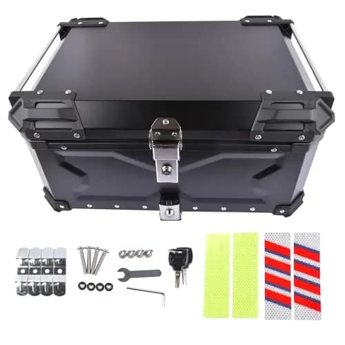 Maleta negra de 65 l para motocicleta, de aluminio, impermeable, universal, con cerradura de seguridad para guardar cascos