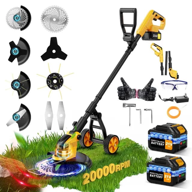 Desbrozadora Bateria con Ruedas,30CM Desbrozadora Electrica con 2 * 3.0 Ah Baterías y Cargador,Motor sin Escobillas 800W,Cortadora de Césped con 4 Tipos de Cuchillas para Recortar Césped y Arbustos