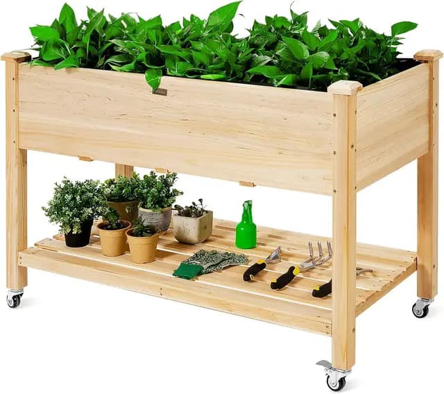 GOPLUS Jardinera Exterior con Ruedas Bloqueables y Estante, Cama Elevada de Madera de Abeto con Agujeros de Drenaje y Forro no Tejido, Huerto Urbano para Flores Hierbas Verduras, 120 x 59 x 84 cm