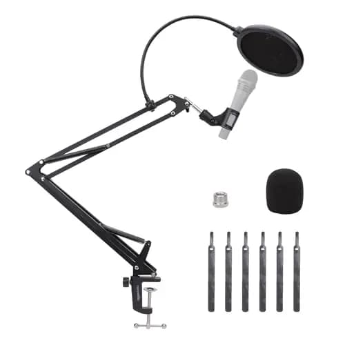 Amazon Basics Brazo de Micrófono Ajustable con Filtro Anti-Pop y Pantalla de Espuma, Abrazadera de Montaje en Mesa, Rotación de 360°, Compatible con Blue Yeti, Snowball, HyperX, 35.5 cm, Negro