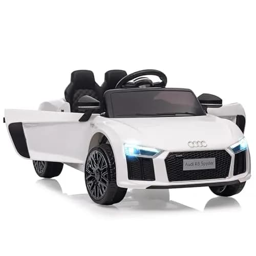 Coche Eléctrico Infantil Audi Modelo 8 de 12V con Licencia: Control Remoto, Suspensión, Música, LED, Arranque Suave, Bocina, Puertas de Tijera. Vehículo Seguro a Batería para Niños de 3 a 6 Año,Blanco