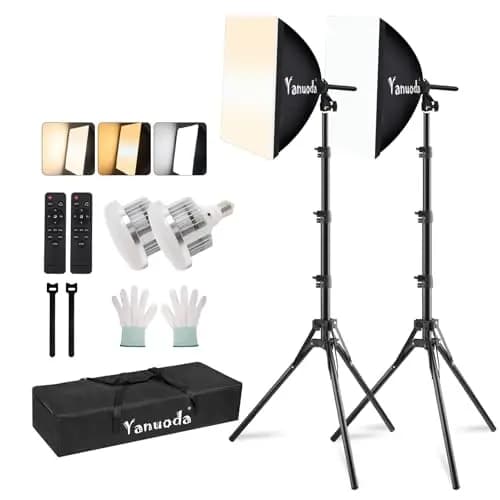 Kit de Iluminación Profesional Softbox 40 x 40 cm (2 Unidades) - Luces LED de Estudio 7500K / 5500K / 3000K, 95W E27, Brilló Ajustable, CRI97 - con 2 Trípodes, Difusores, Control Remoto y Bolsa