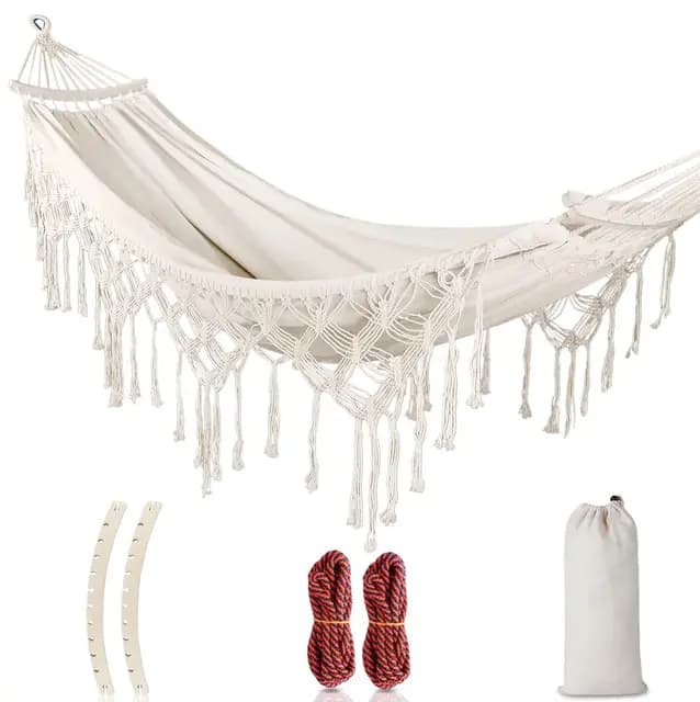 Hamaca Jardin Exterior, Hamaca Colgante con Flecos und Travesaño, Hamacas Tela Cómoda & Fácil de Montar