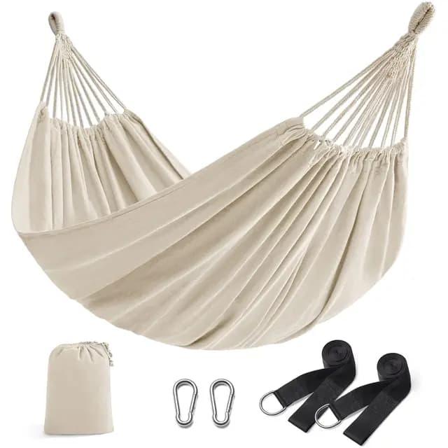 SONGMICS Hamaca, 210 x 150 cm, Hamaca Doble, Carga de 300 kg, para Jardín, Terraza, Balcón, al Aire Libre, Camping, Bolsa de Transporte, Correas de Fijación y Mosquetones, Beige GDC15M