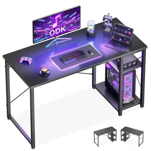 ODK Escritorio Gaming con Estantería Reversible, 120x48cm Mesa Gaming con Estantes de Almacenamiento, Mesa Escritorio Mesa Ordenador para en Casa, Estudio y Gaming, Negro