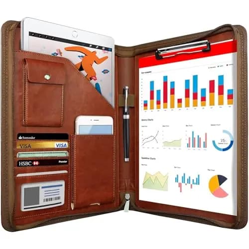 NEWYES Portadocumentos de Cuero A4 para Conferencias con Cremallera- Regalo Hombre/Mujer, Carpeta Organizadora Agenda Ideal para Oficina y Viaje de Negocios (Marrón)
