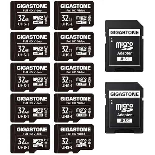 GIGASTONE 32GB Tarjeta de Memoria Micro SD, Paquete de 10, Video Full HD, Cámara de Vigilancia y Seguridad, Cámara de Acción, Drone, 90MB/s Micro SDHC UHS-I U1 C10 Clase 10