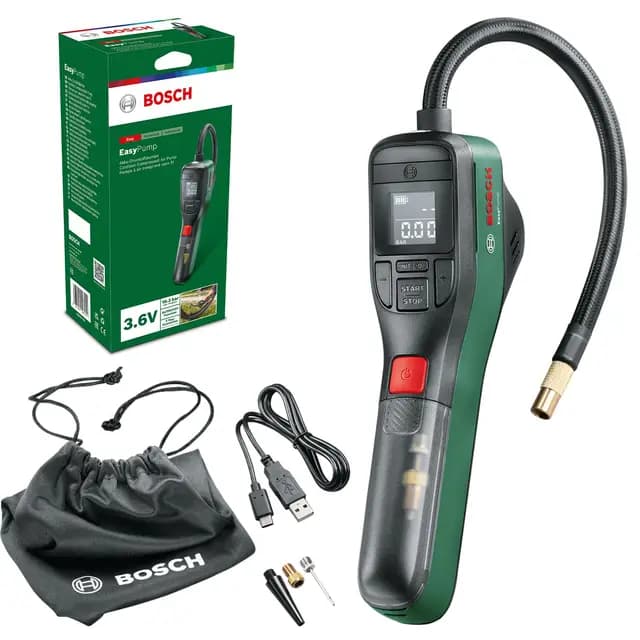Bosch Bomba de Aire Bicicleta, compresor de Aire a batería EasyPump (batería de 3,0 Ah, 3,6 voltios, función de Parada automática, 150 PSI, 10,3 Bar, LED, Recargable Mediante Cable USB-C, en Caja)