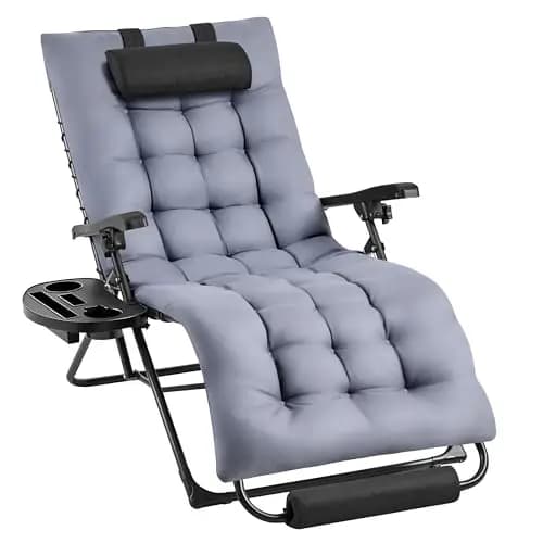 Yaheetech Tumbona Plegable y Resistente, Tumbonas Jardin Exterior, Capacidad de Carga 200kg, Tapizado Ergonómico, Respaldo Ajustable, Cojín Cervical, Portavasos y Cojín, Gris Oscuro/Negro